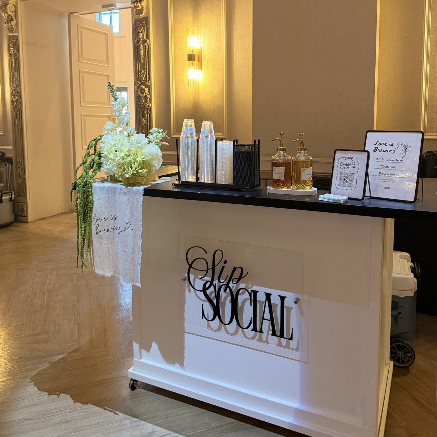 Sip Social coffee bar styled inside a luxury ballroom